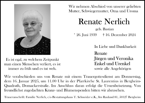 Anzeige von Renate Nerlich von  Werbepost 