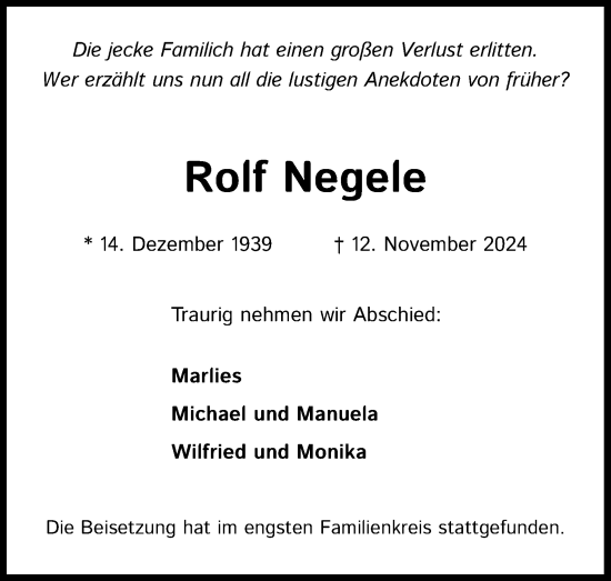 Anzeige von Rolf Negele von Kölner Stadt-Anzeiger / Kölnische Rundschau / Express