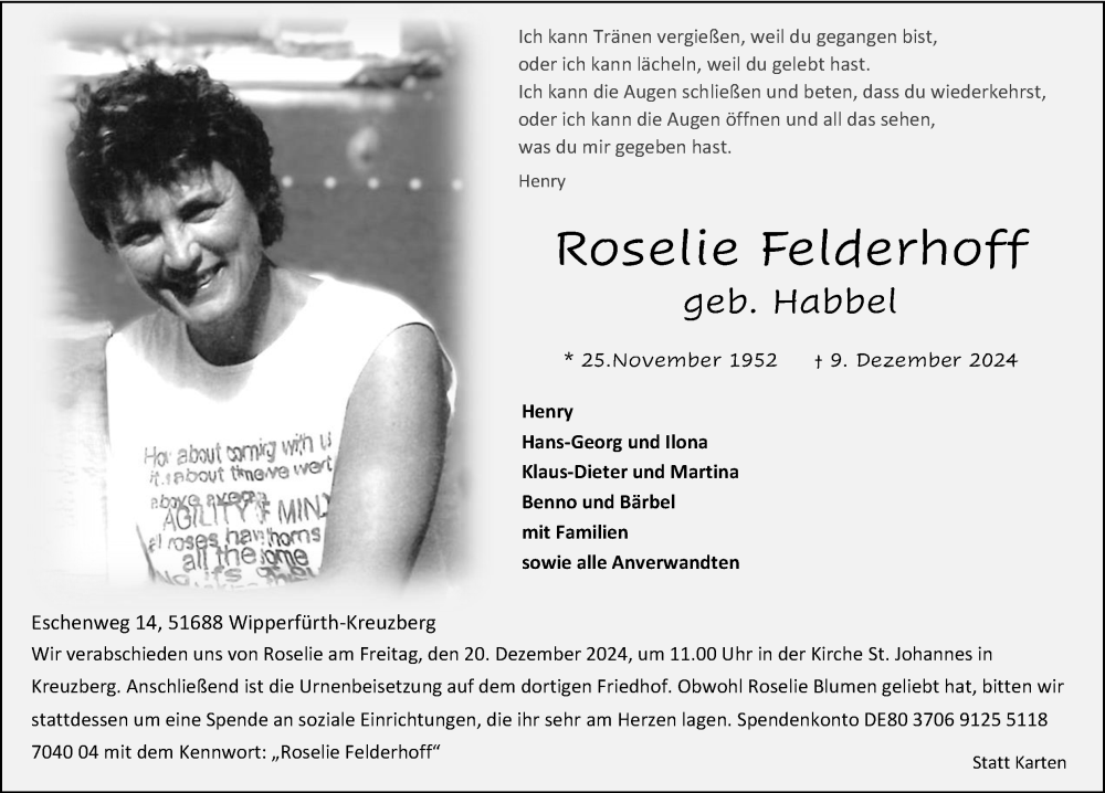  Traueranzeige für Roselie Felderhoff vom 14.12.2024 aus Kölner Stadt-Anzeiger / Kölnische Rundschau / Express