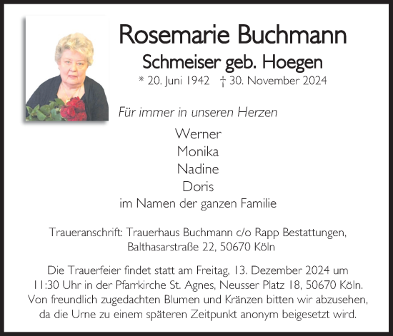 Anzeige von Rosemarie Buchmann von Kölner Stadt-Anzeiger / Kölnische Rundschau / Express