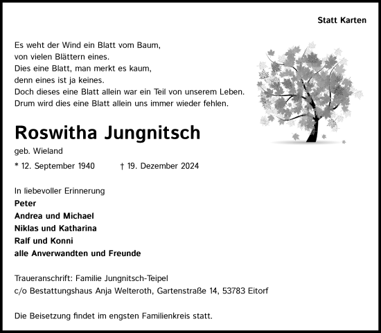 Anzeige von Roswitha Jungnitsch von Kölner Stadt-Anzeiger / Kölnische Rundschau / Express