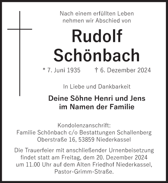 Anzeige von Rudolf Schönbach von  Bergisches Handelsblatt 