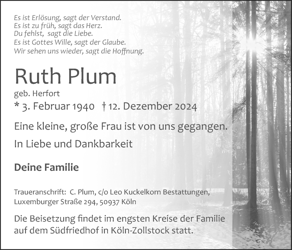  Traueranzeige für Ruth Plum vom 21.12.2024 aus Kölner Stadt-Anzeiger / Kölnische Rundschau / Express