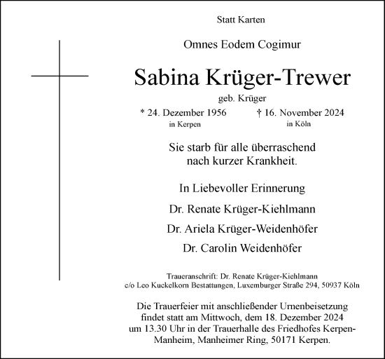 Anzeige von Sabina Krüger-Trewer von  Werbepost 