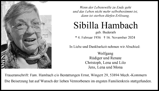 Anzeige von Sibilla Hambach von  Blickpunkt Euskirchen 