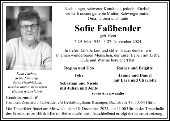Anzeige von Sofie Faßbender von  Wochenende 