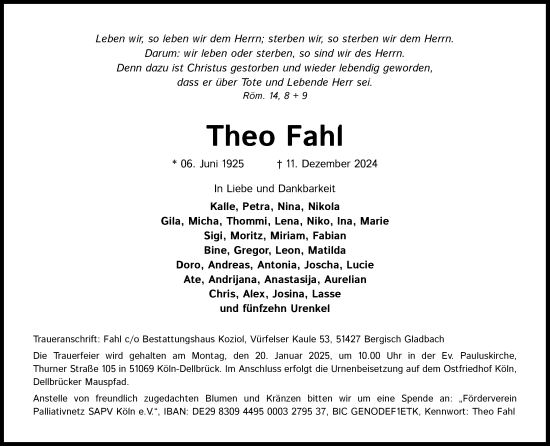 Anzeige von Theo Fahl von Kölner Stadt-Anzeiger / Kölnische Rundschau / Express