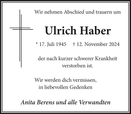 Anzeige von Ulrich Haber von  Bergisches Handelsblatt 