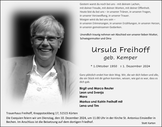 Anzeige von Ursula Freihoff von Kölner Stadt-Anzeiger / Kölnische Rundschau / Express