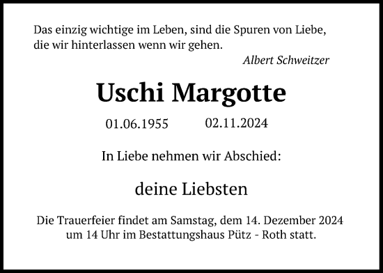 Anzeige von Uschi Margotte von Kölner Stadt-Anzeiger / Kölnische Rundschau / Express