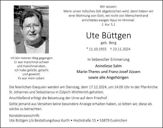 Anzeige von Ute Büttgen von  Blickpunkt Euskirchen 