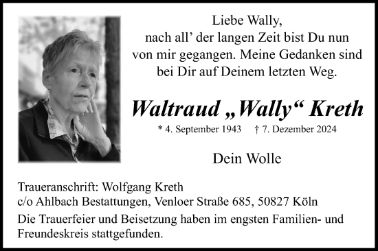 Anzeige von Waltraud Kreth von Kölner Stadt-Anzeiger / Kölnische Rundschau / Express