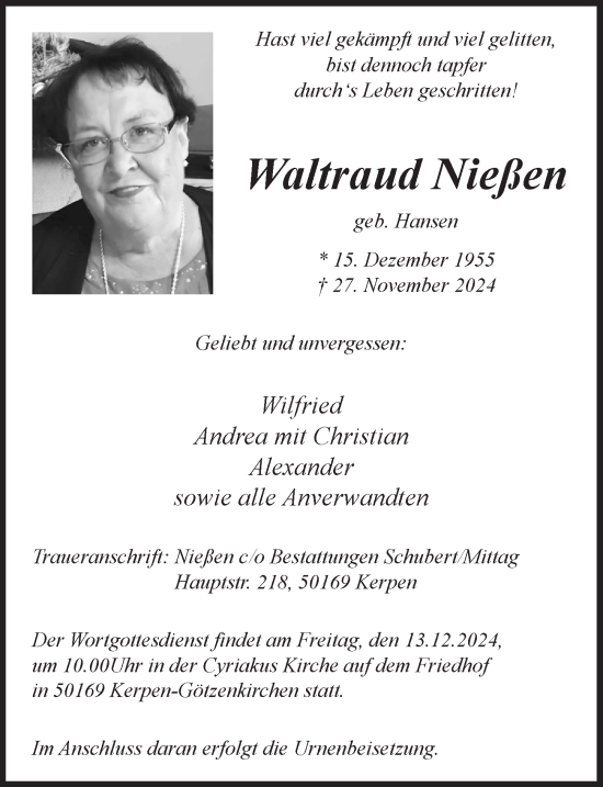 Anzeige von Waltraud Nießen von  Werbepost 