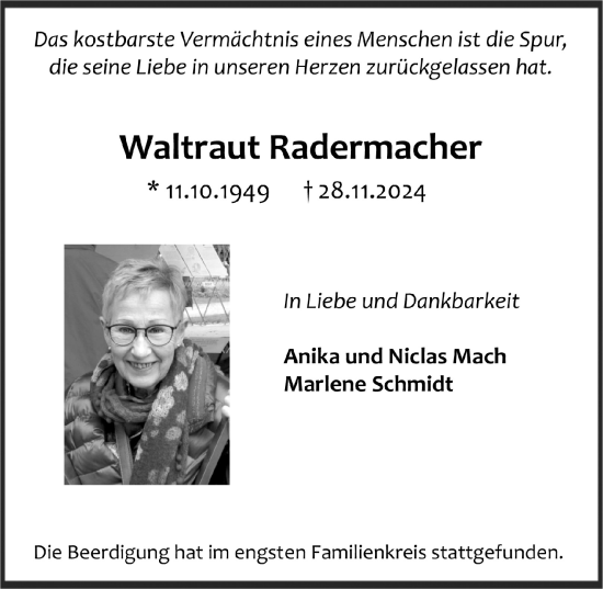 Anzeige von Waltraut Radermacher von  Anzeigen Echo 