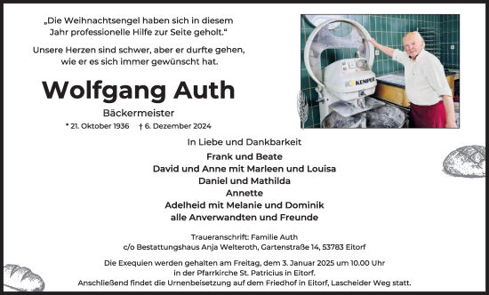 Anzeige von Wolfgang Auth von Kölner Stadt-Anzeiger / Kölnische Rundschau / Express
