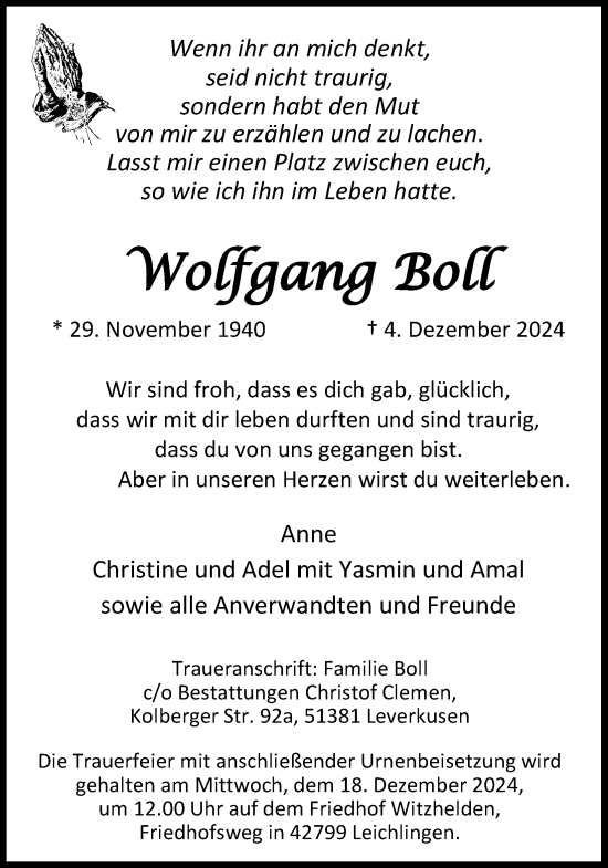 Anzeige von Wolfgang Boll von Kölner Stadt-Anzeiger / Kölnische Rundschau / Express