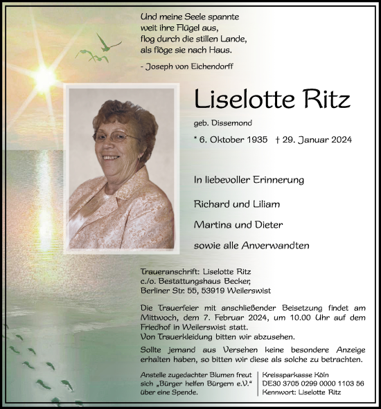 Anzeige von Liselotte Ritz von  Blickpunkt Euskirchen 