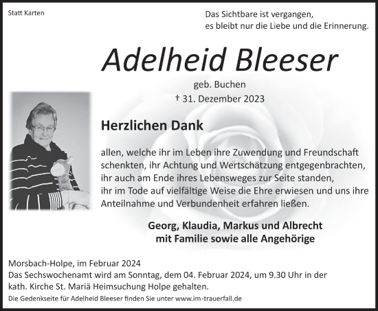 Anzeige von Adelheid Bleeser von  Lokalanzeiger 