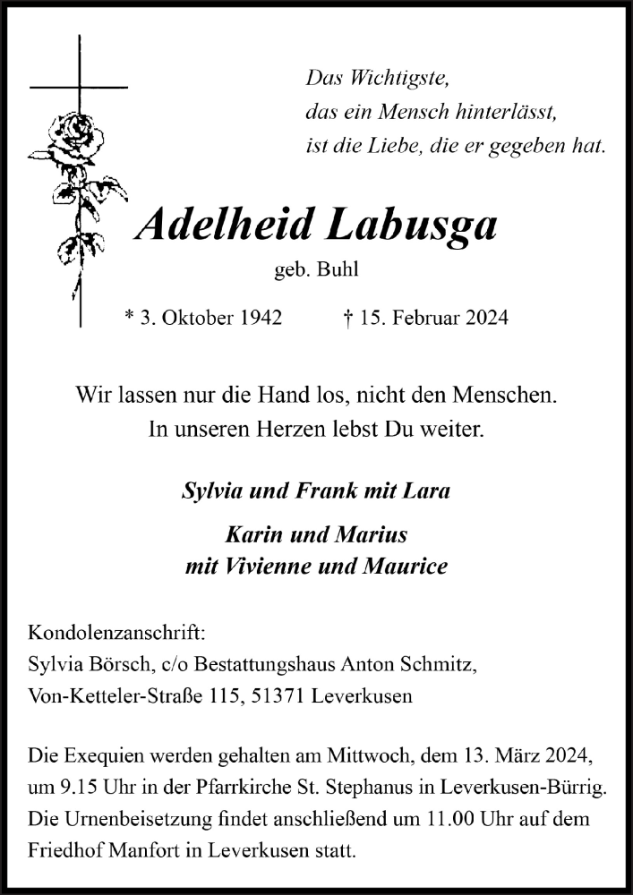  Traueranzeige für Adelheid Labusga vom 01.03.2024 aus  Lokale Informationen 