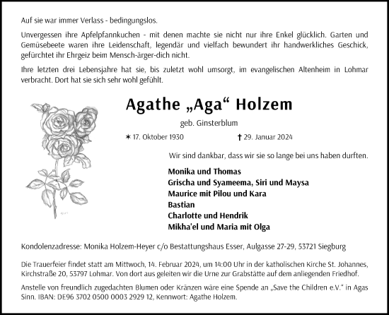 Anzeige von Agathe Holzem von Kölner Stadt-Anzeiger / Kölnische Rundschau / Express
