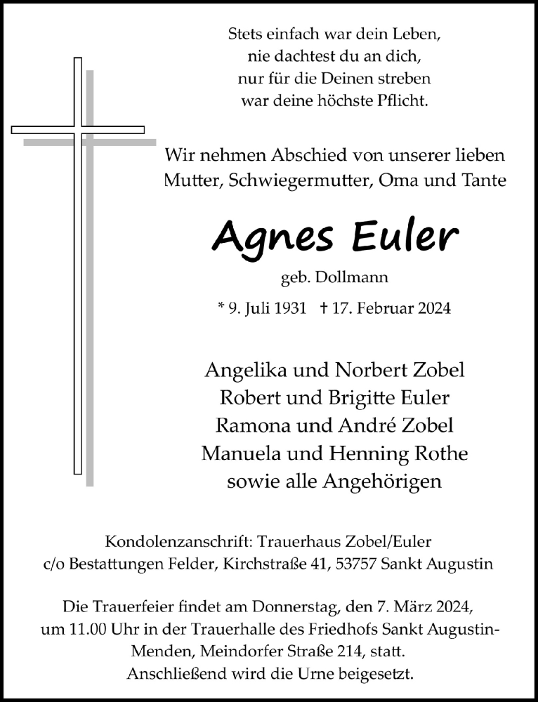  Traueranzeige für Agnes Euler vom 01.03.2024 aus  Extra Blatt 