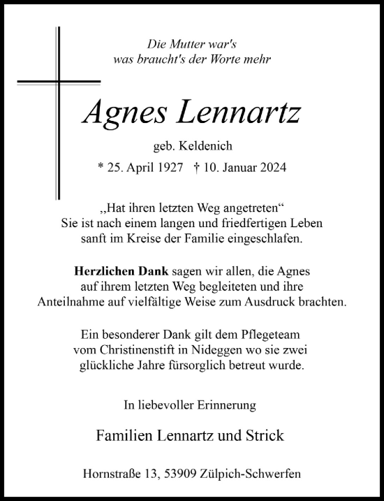 Anzeige von Agnes Lennartz von  Blickpunkt Euskirchen 