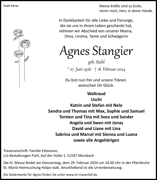 Anzeige von Agnes Stangier von  Lokalanzeiger 
