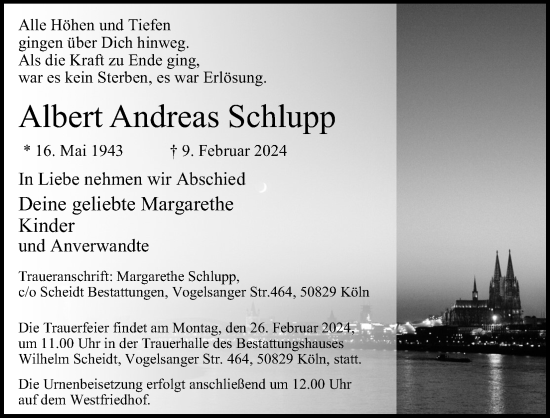 Anzeige von Albert Andreas Schlupp von Kölner Stadt-Anzeiger / Kölnische Rundschau / Express