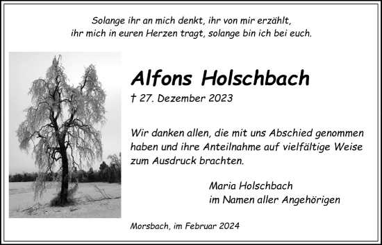 Anzeige von Alfons Holschbach von  Lokalanzeiger 