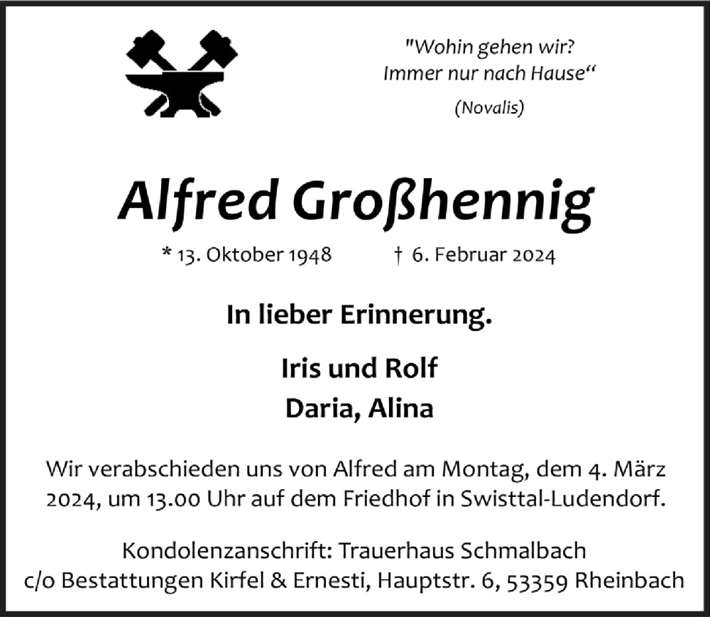  Traueranzeige für Alfred Großhennig vom 23.02.2024 aus  Schaufenster/Blickpunkt 