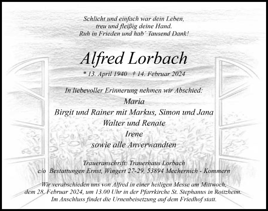 Anzeige von Alfred Lorbach von  Blickpunkt Euskirchen 