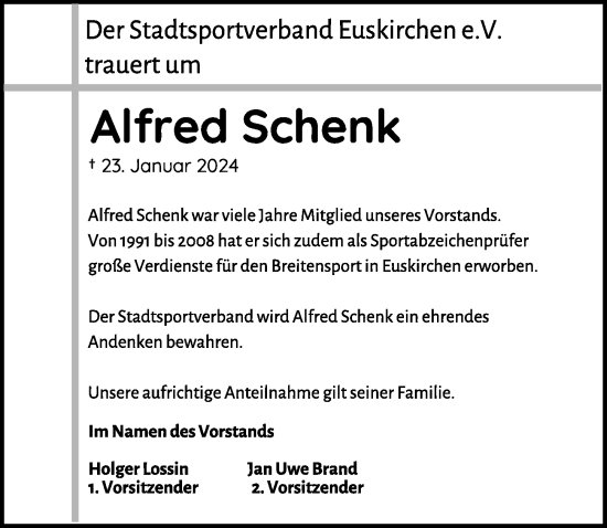 Anzeige von Alfred Schenk von  Blickpunkt Euskirchen 