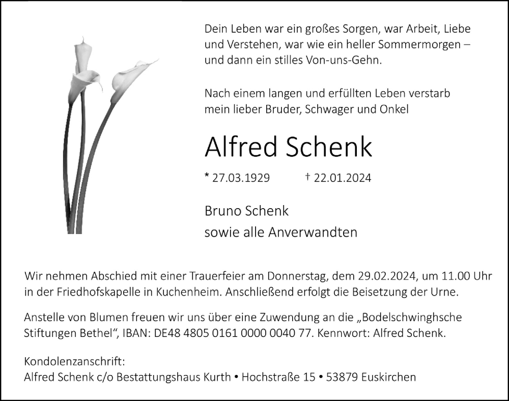  Traueranzeige für Alfred Schenk vom 24.02.2024 aus  Blickpunkt Euskirchen 