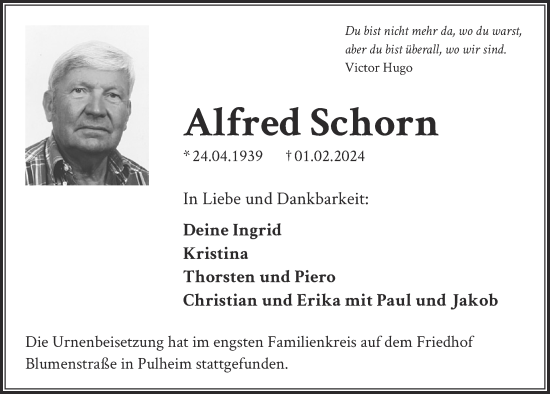 Anzeige von Alfred Schorn von  Wochenende 