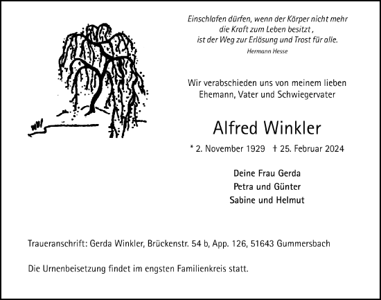 Anzeige von Alfred Winkler von  Anzeigen Echo 