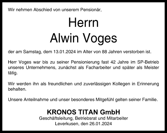 Anzeige von Alwin Voges von Kölner Stadt-Anzeiger / Kölnische Rundschau / Express