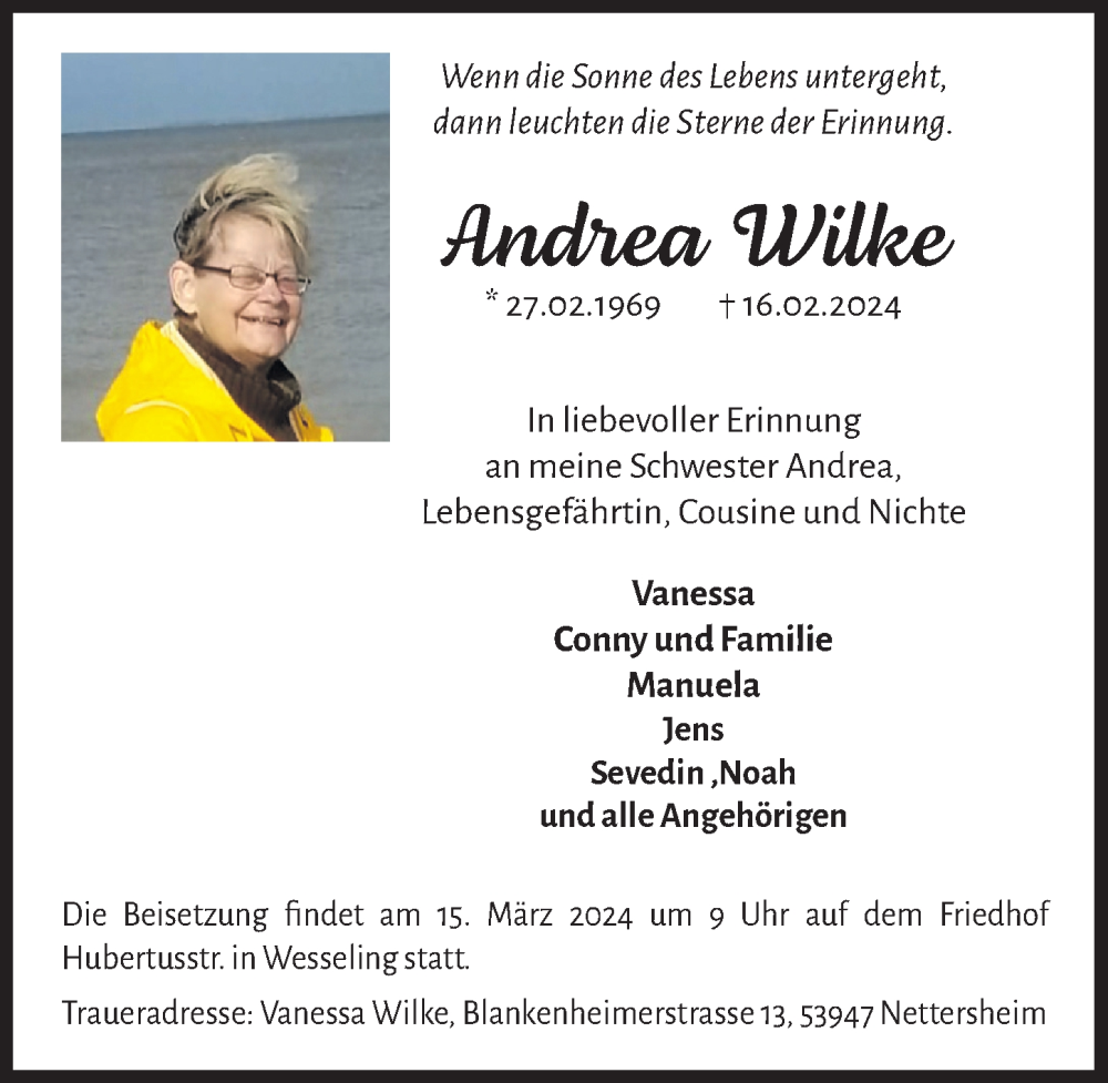  Traueranzeige für Andrea Wilke vom 23.02.2024 aus  Schlossbote/Werbekurier 