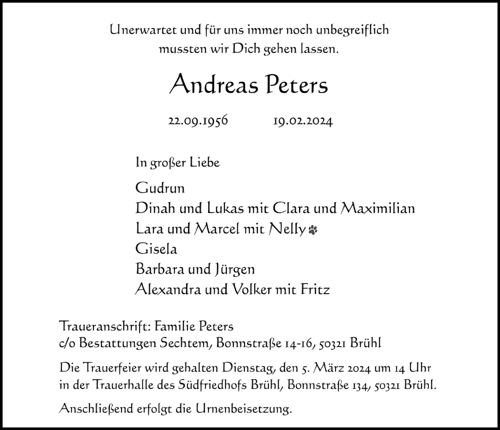  Traueranzeige für Andreas Peters vom 01.03.2024 aus  Schlossbote/Werbekurier 