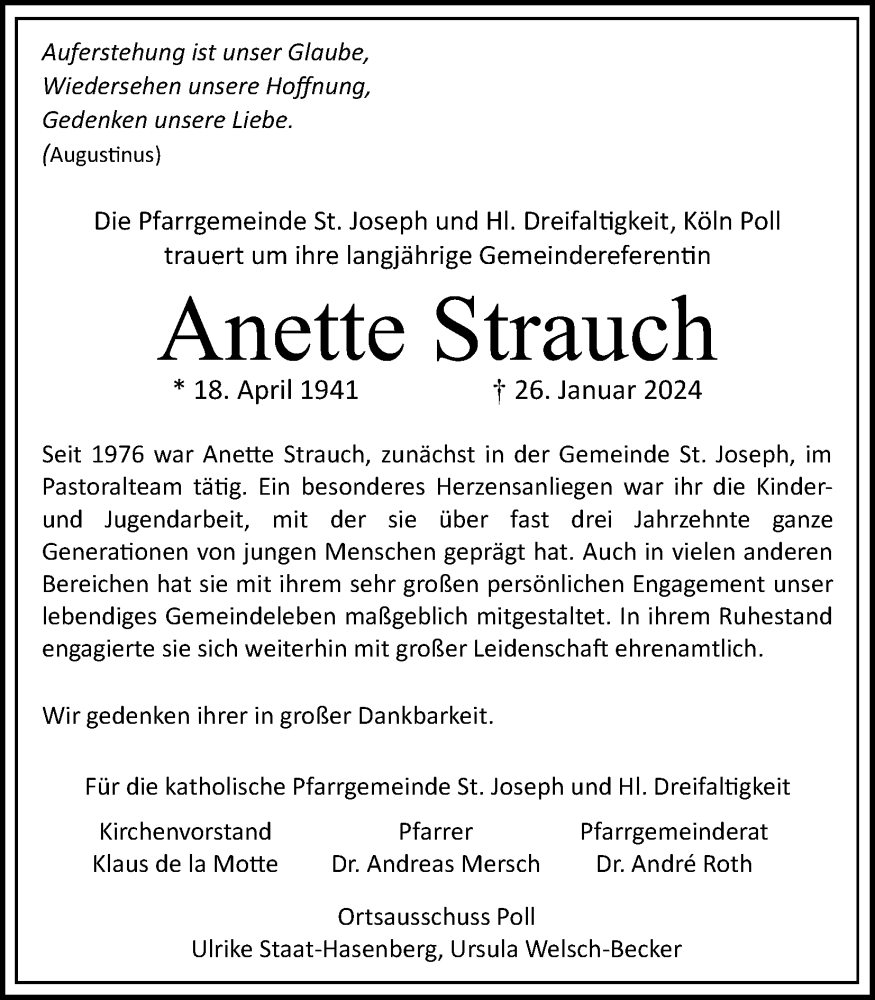  Traueranzeige für Anette Strauch vom 10.02.2024 aus Kölner Stadt-Anzeiger / Kölnische Rundschau / Express