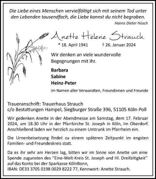 Anzeige von Anette Helene Strauch von Kölner Stadt-Anzeiger / Kölnische Rundschau / Express