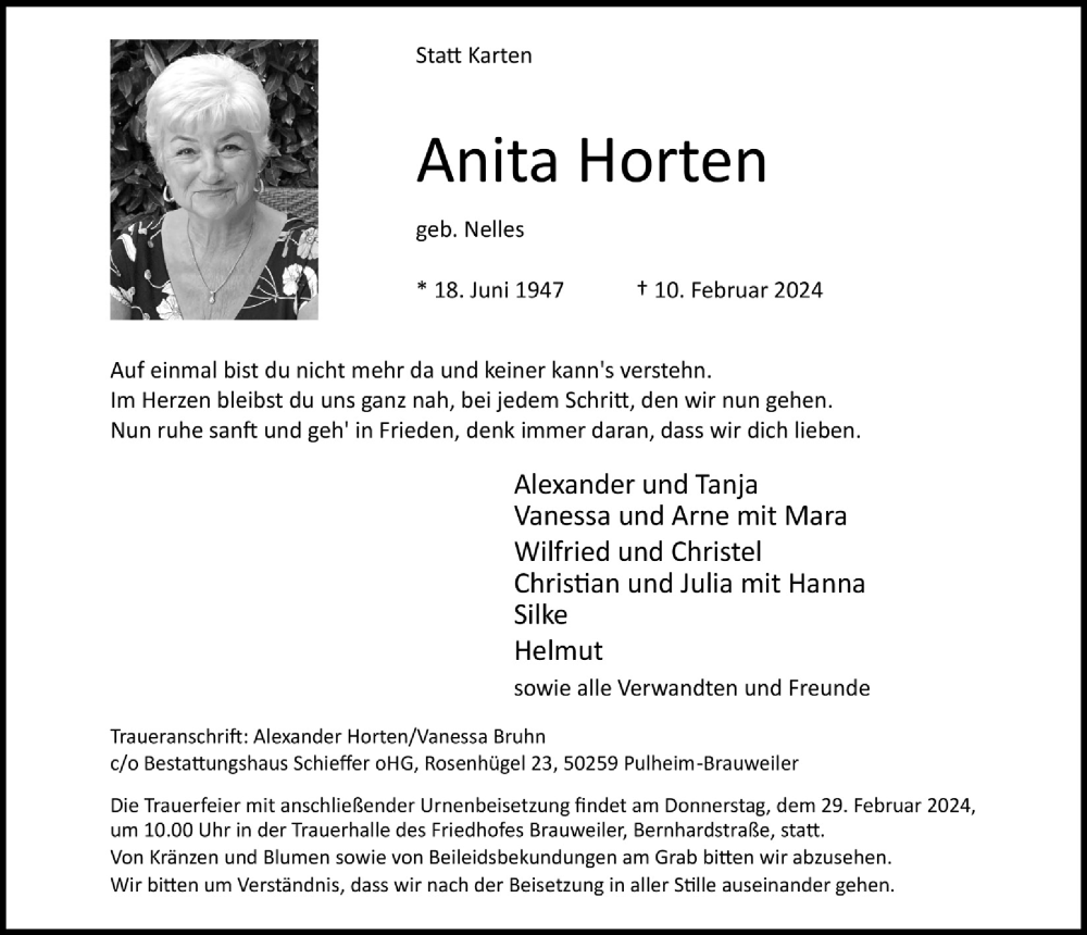  Traueranzeige für Anita Horten vom 23.02.2024 aus  Wochenende 