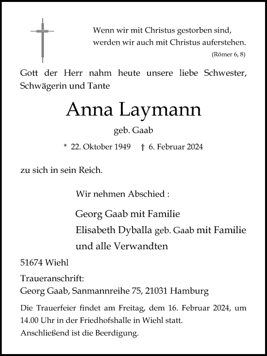 Anzeige von Anna Laymann von Kölner Stadt-Anzeiger / Kölnische Rundschau / Express