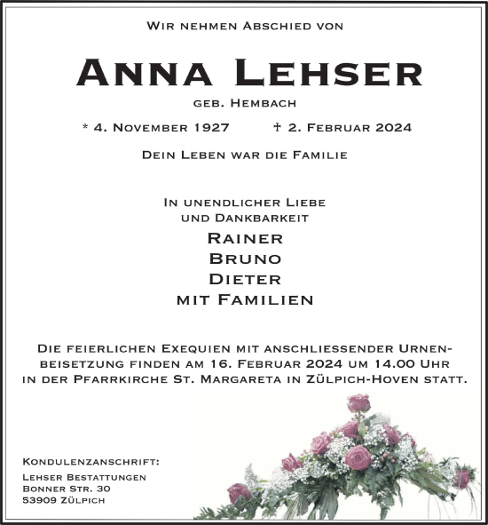 Anzeige von Anna Lehser von  Blickpunkt Euskirchen 