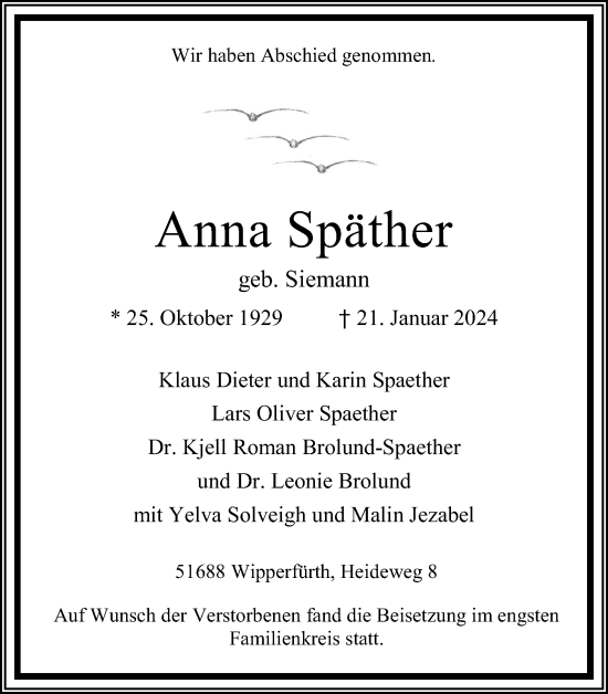 Anzeige von Anna Späther von Kölner Stadt-Anzeiger / Kölnische Rundschau / Express