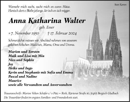 Anzeige von Anna Katharina Walter von  Bergisches Handelsblatt 