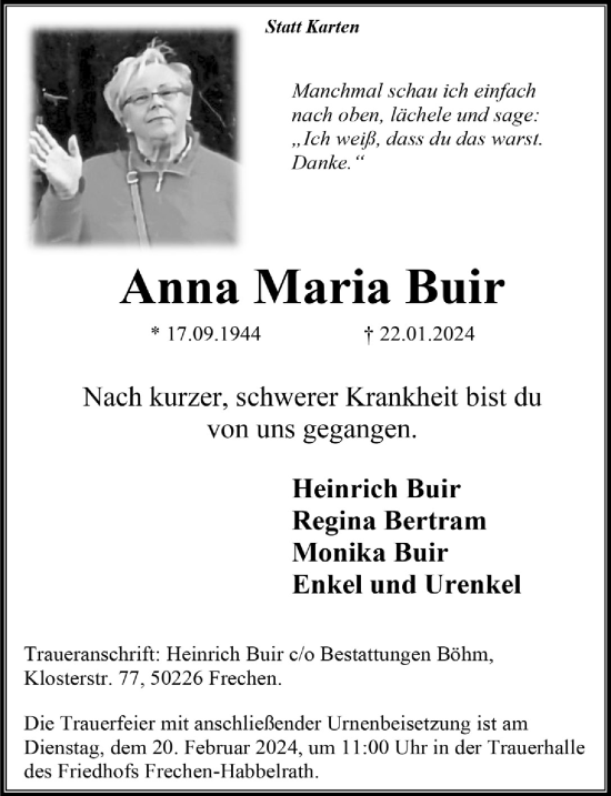 Anzeige von Anna Maria Buir von  Wochenende 