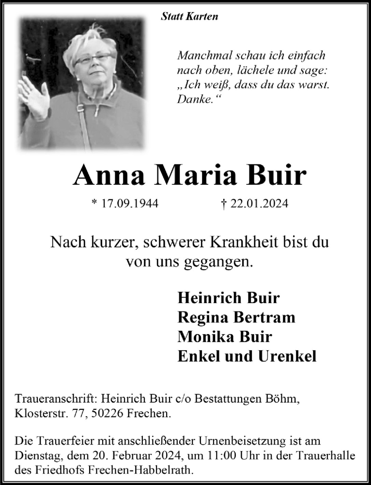  Traueranzeige für Anna Maria Buir vom 16.02.2024 aus  Werbepost 