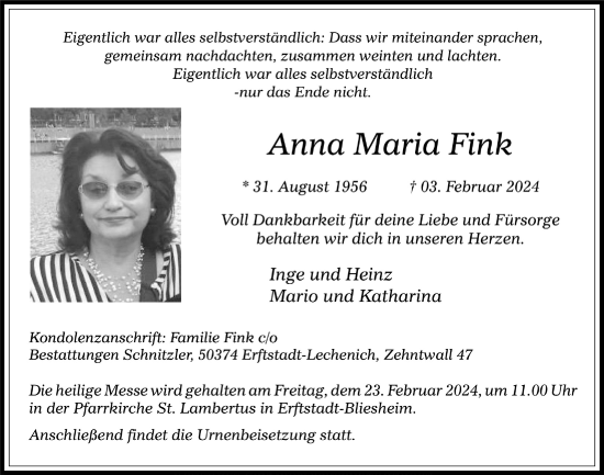 Anzeige von Anna Maria Fink von  Schlossbote/Werbekurier  Werbepost 