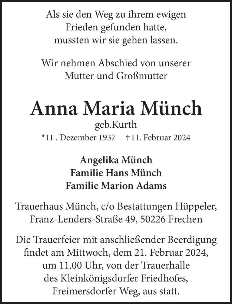  Traueranzeige für Anna Maria Münch vom 16.02.2024 aus  Wochenende 