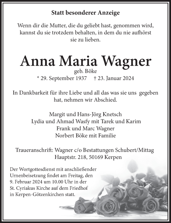 Anzeige von Anna Maria Wagner von  Werbepost 